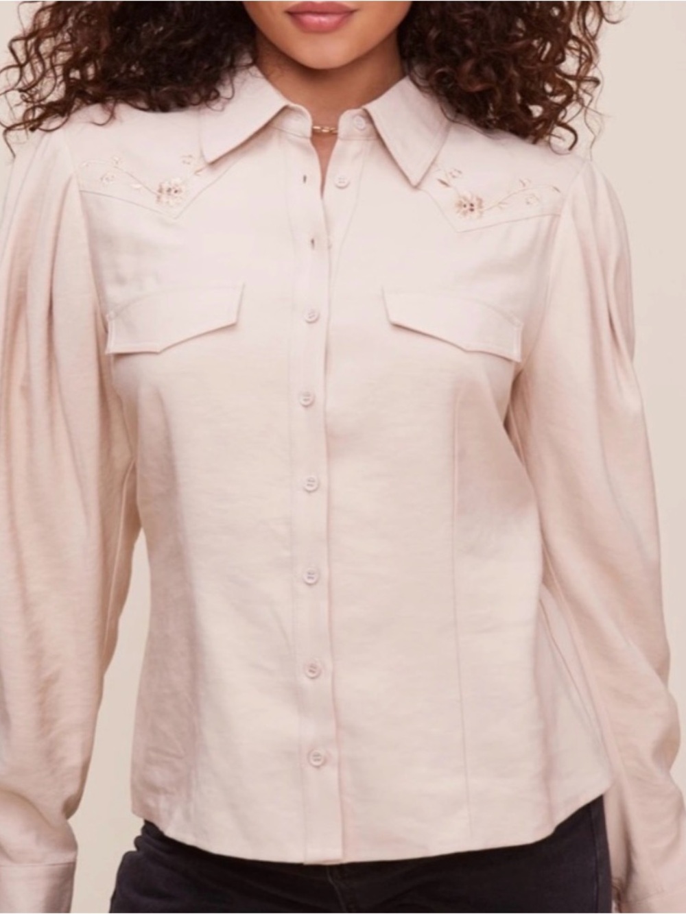 NWT! #866 ASTR The Label Tan Embroidered Yoke Button-Down Western Flair Shirt